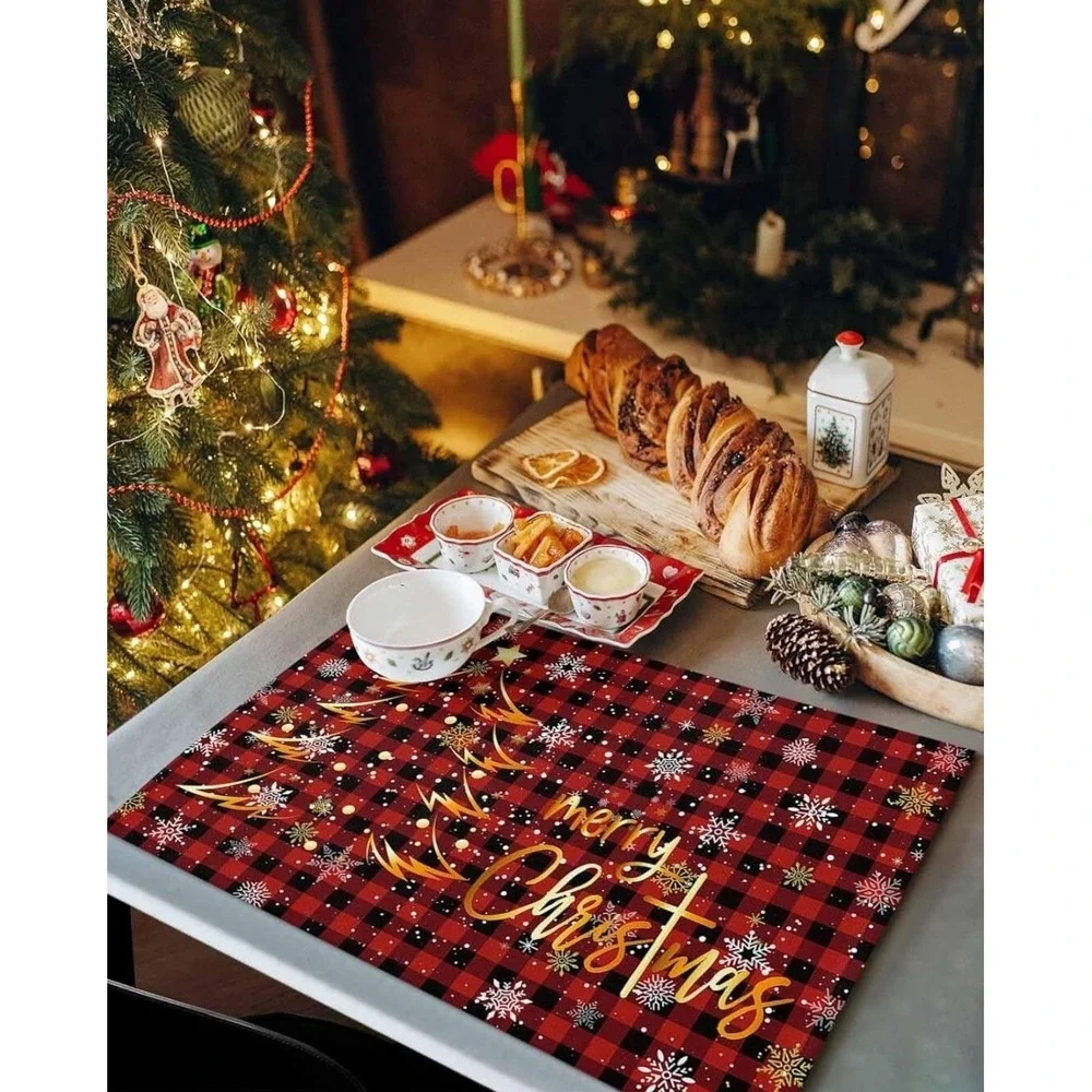 6PCS Merry Xmas Placemats Christmas Table‎ Placement Winter Placemats Red Gold
